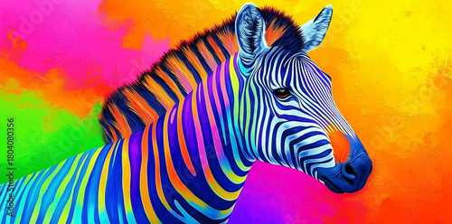 Vibrant abstract painting of a zebra with neon colors and bold stripes