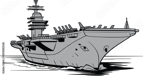 Aircraft carrier silhouette illustration, naval warship vector with fighter jets, control tower, radar antennas, and stylized ocean waves, black-and-white design