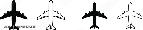 Airplane icon set. Aircraft and jet flight symbols in solid and outline styles.