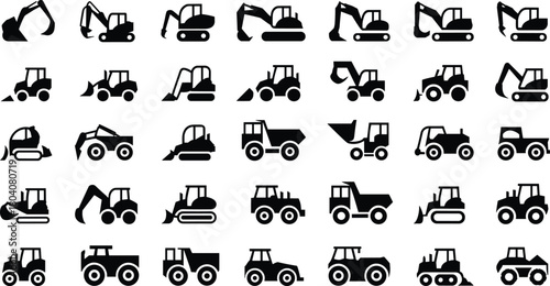 Construction vehicle silhouette icon set, heavy equipment vector grid, excavators, bulldozers, dump trucks, forklifts, black isolated illustrations