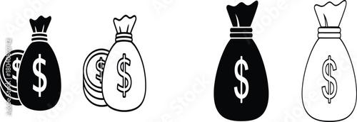 Money bag and coins icon set. Dollar sack financial symbols in solid and outline styles.