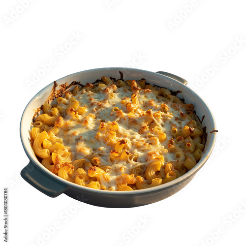 Golden Baked Macaroni and Cheese Casserole with Melted White Mozzarella Cheese in a Round Ceramic Baking Dish with Gray Handles Isolated on a Black Background with Dramatic Lighting
