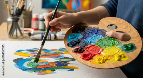 Wallpaper Mural A close-up, vertical shot captures an artist's hands in action, holding a wooden palette laden with mixed, vibrant acrylic paints while a brush dabs a stroke onto a canvas. The bright, clean lighting Torontodigital.ca