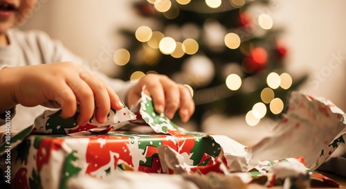 Child unwrapping Christmas present with tree background