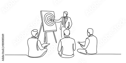 Continuous line art drawing: a business leader points at a target on an easel, demonstrating strategic goals and plans to an attentive group.