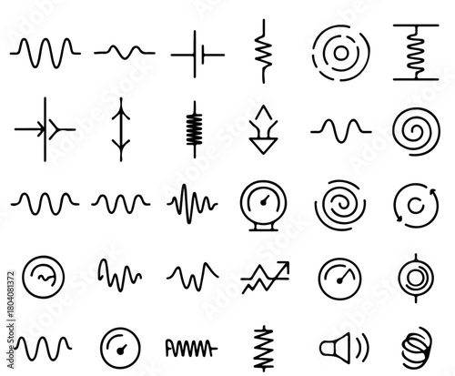 A collection of various science symbols and icons displayed in an orderly fashion. These symbols are essential in conveying scientific and technical concepts