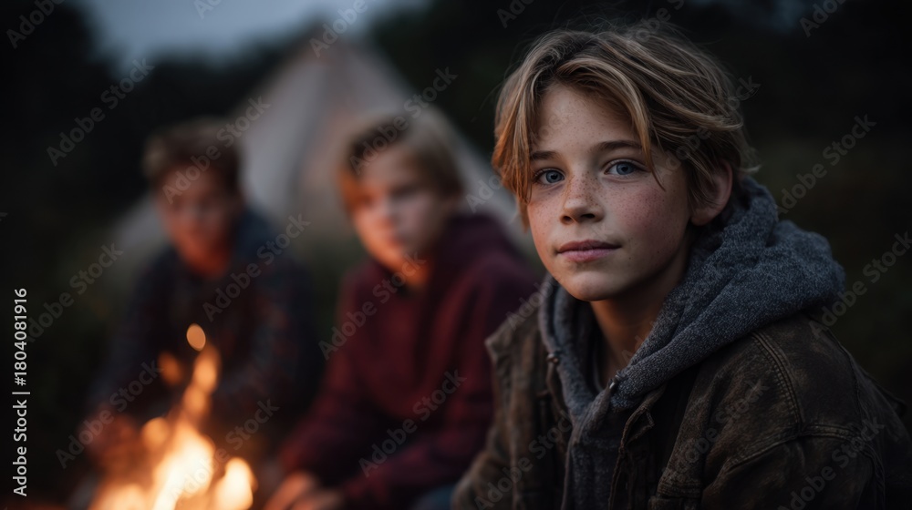 Fototapeta premium Three children sit around a campfire at night, with a blurry background of a tent.