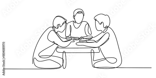 Continuous one line drawing of three people sitting at a table, discussing, collaborating, or studying together. minimalist group meeting illustration. Vector, illustration