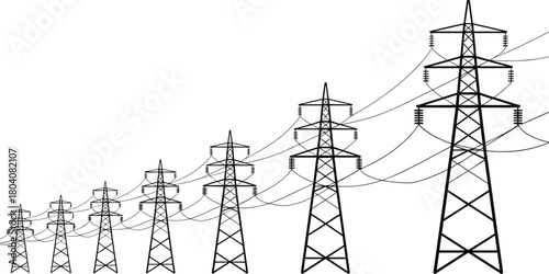 Electricity pylon vector set with receding depth, high-voltage transmission towers and power lines for energy infrastructure, engineering, and grid planning