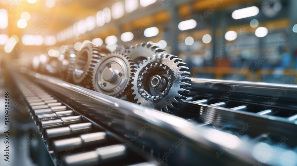 Fototapeta premium Close-up of metallic gears on a conveyor belt in a factory setting. The background shows blurred industrial machinery and warm lighting.