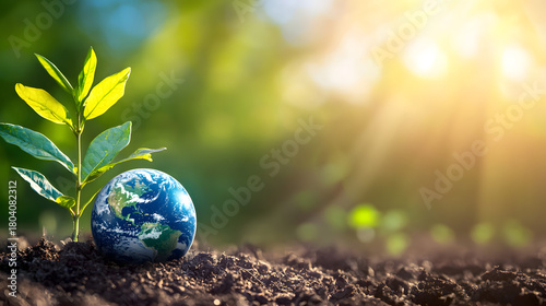 A young green plant next to planet Earth against a backdrop of green leaves and a sunny sky