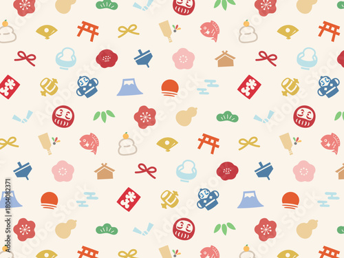 正月の縁起物のパターン素材、年賀状背景、壁紙