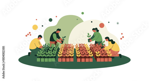 A vibrant illustration depicts a group of people tending to a garden, cultivating plants, and nurturing growth in a colorful outdoor setting.