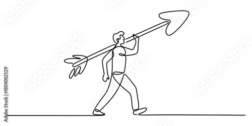 Determined man in continuous line drawing carrying a large arrow, representing focused ambition, clear objectives, and strategic path to achievement.