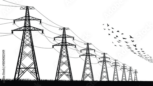 Electricity pylons with power lines, high voltage transmission towers silhouette, vector landscape with birds, energy infrastructure illustration in black and white