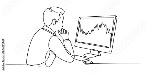Man continuously drawing line art observing stock market graph on computer screen, depicting financial analysis and data interpretation, business.