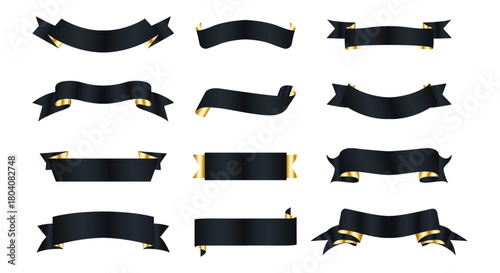 Black Ribbon banner set design elements. Simple ribbons. Luxury ribbon banner design material. collection of luxurious title ribbons with black gold edges. vector