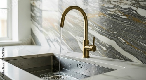 A close-up, photorealistic shot of a luxurious modern kitchen sink area. A sleek, gooseneck faucet in a brushed brass finish pours water into an undermount stainless steel sink, creating ripples. The