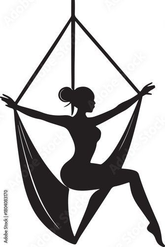Aerial yoga pose, black silhouette of a woman suspended in a silk hammock