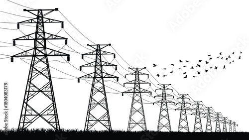Electricity transmission towers with power lines, high voltage pylons silhouette, vector landscape with birds, black and white infrastructure illustration for energy grid