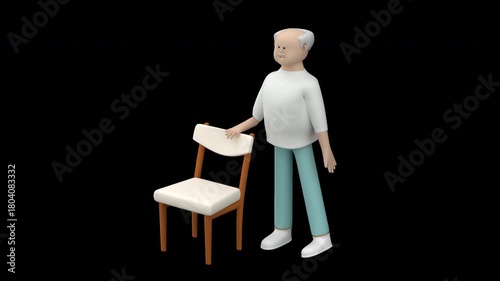 Animation of a senior man character doing a standing side leg rise. Aged male character doing stability exercise using a chair, alpha channel, 3d render