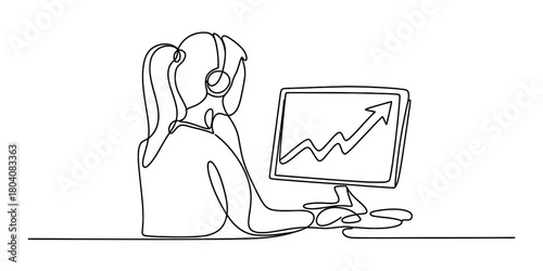Continuous line art: person with headphones focused on a computer monitor showing an upward trending graph, symbolizing business growth.