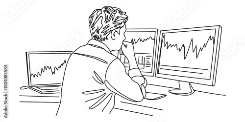 Focused investor analyzing stock market trends on multiple screens, financial data visualization, business analytics, trading strategy, data-driven decision making