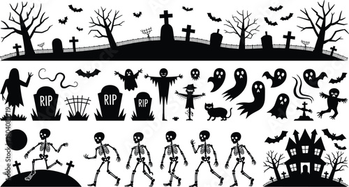 Halloween silhouette vector set with graveyard, zombies, ghosts, skeletons, haunted house, bats, and moon for festive design and seasonal illustration