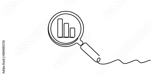 Continuous line art drawing of a magnifying glass examining a bar chart displaying a downward trend, symbolizing data analysis and business decline. Vector, illustration