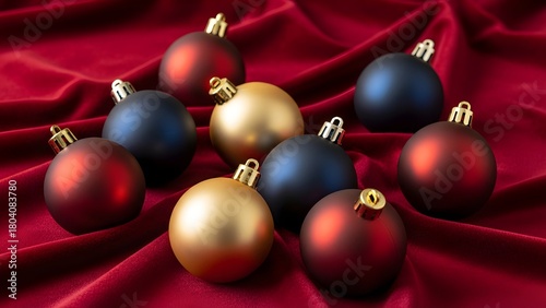 Matte red, blue, and gold Christmas baubles scattered on luxurious red velvet fabric