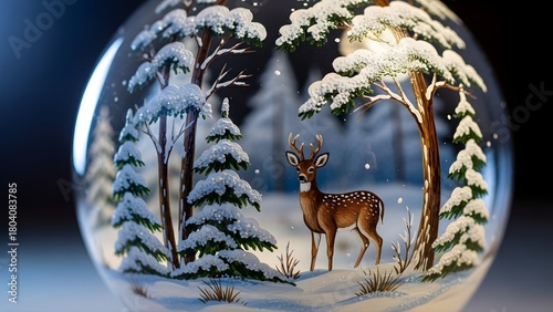 Close-up of a hand-painted Christmas ornament featuring a deer in a snowy winter forest