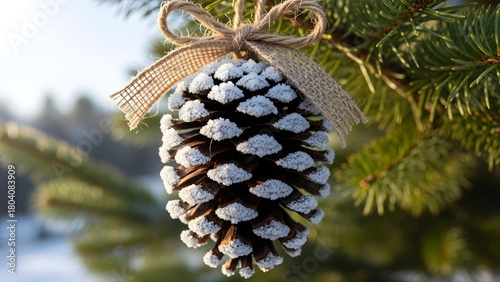 Rustic frosted pine cone Christmas ornament with burlap bow hanging on a tree