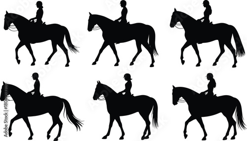 Horse riding silhouette vector set with six rider poses, trotting horses, and helmeted figures for equestrian design, sport illustration, and motion studies