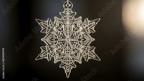 Close-up of an intricate glittery snowflake Christmas ornament hanging against a dark background