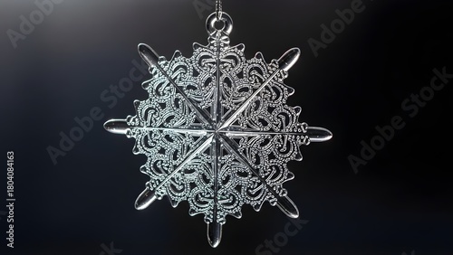 Close-up of an intricate clear crystal snowflake Christmas ornament hanging against a dark background
