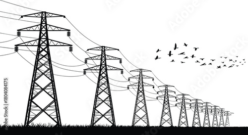 High voltage transmission towers silhouette, electricity pylons with power lines, black and white vector landscape, energy infrastructure illustration for stock content
