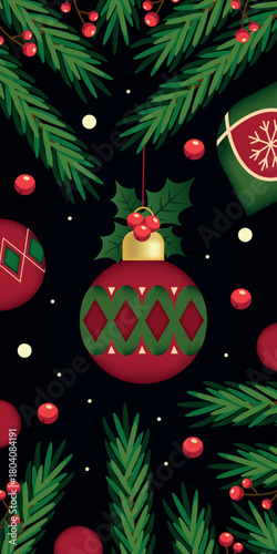 Illustration of red, gold and green Christmas decorations hanging on green Christmas tree branches. For gift wrapping, invitations, banners