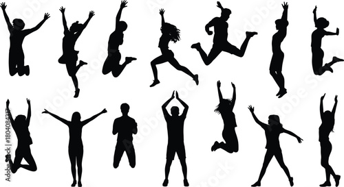 Jumping silhouette vector set, expressive human poses in mid-air motion, black figure illustration, dynamic movement, physical activity, body gesture design