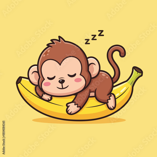 Cute monkey sleeping on banana cartoon vector icon illustration animal food icon isolated flat