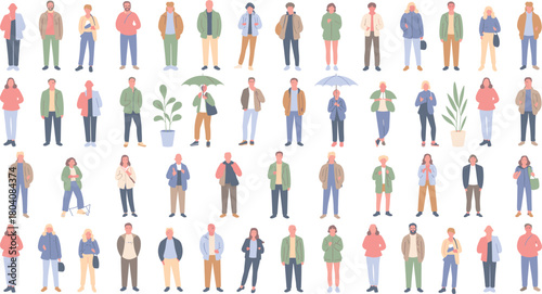 Large illustrated people set, diverse character poses and outfits, fashion and lifestyle vector graphic, social design element, crowd clipart