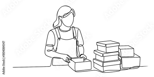 Continuous line drawing of a person preparing cardboard boxes for shipping, representing modern e-commerce, logistics, and delivery services