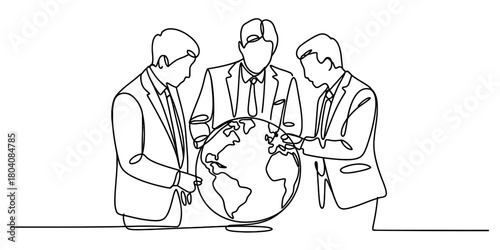 Continuous line art of three business people discussing global strategy, international trade, market expansion around a world globe.