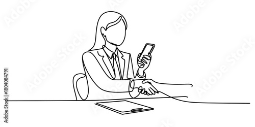 Businesswoman in continuous line art illustration, shaking hands during a professional agreement, holding a smartphone with paperwork Vector, illustration