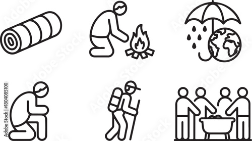 Humanitarian aid and survival line icon set for social issues