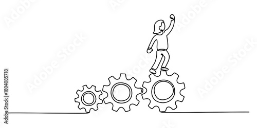 Continuous line drawing of a determined person standing triumphantly on a large interconnected gear, symbolizing business progress, system, and achievement