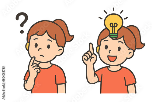 Girl transitioning from confusion to clarity with question mark and lightbulb