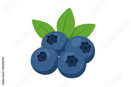 Cluster of four fresh ripe blueberries and green leaves isolated on white background