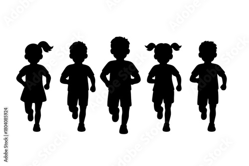 Silhouette of a diverse group of young children running forward together during an outdoor race