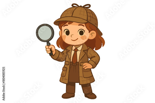 Cute little girl detective holding magnifying glass and wearing plaid deerstalker hat
