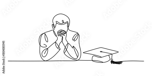 Continuous line drawing of a thoughtful graduate student contemplating academic future and post-graduation career challenges and opportunities.
